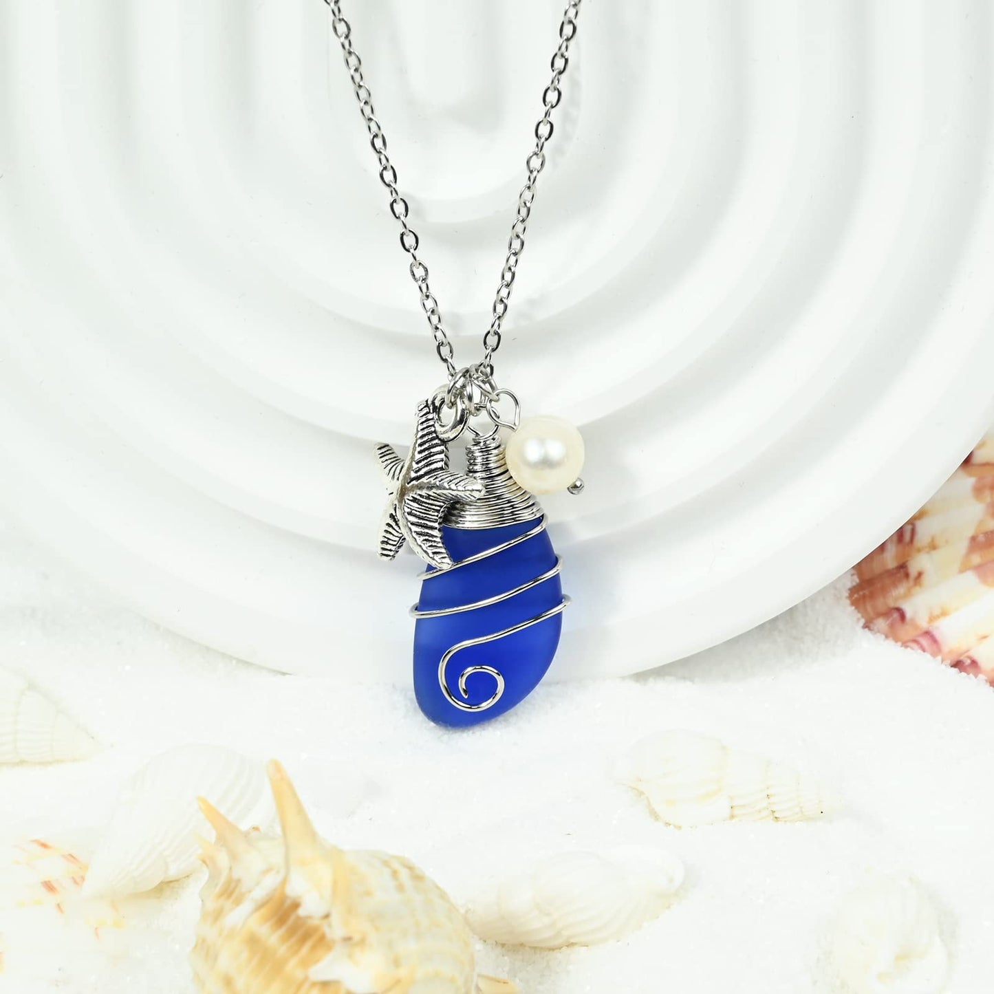 Sea Glass Necklace, Beach Jewelry for Women, Wire Wrapped Beach Necklaces with Starfish, Freshwater Pearls, Sea Glass Jewelry, Handmade Necklaces Gift for Women Girls