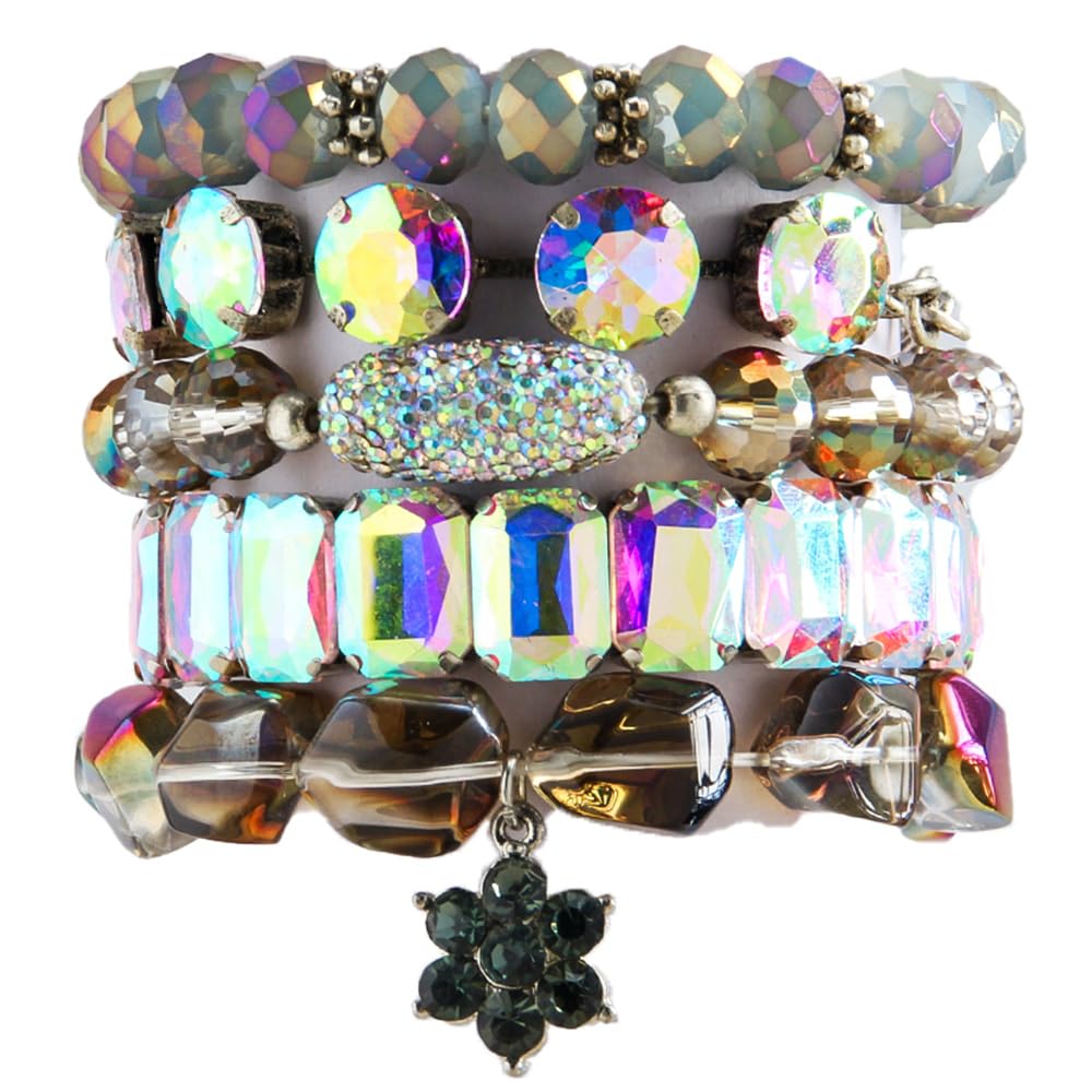 Yomisa Boho Bracelets for Women,Multilayer Wrap 5PCS Bling Colorful Beaded Bracelets Handmade Shiny Stackable Friendship Stretchy Beads Bracelets Set Punk Trendy Bohemian Jewelry Gift