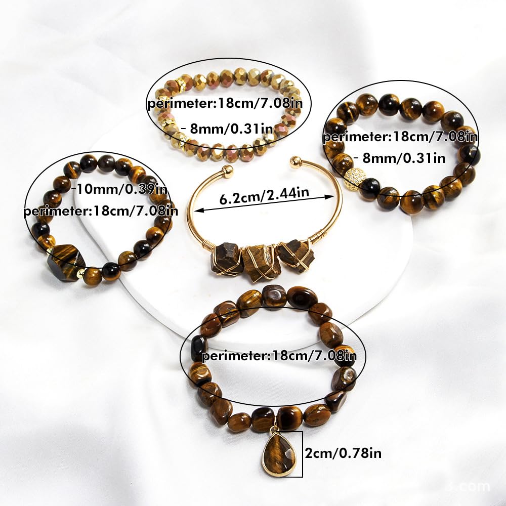 Yomisa Boho Beaded Bracelets/Bangle for Women,Multilayer Wrap 5PCS Healing Natural Tiger Eye Stone Bead Bracelets Handmade Stackable Friendship Stretch Beaded Bracelet Set Trendy Bohemian Jewelry Gift