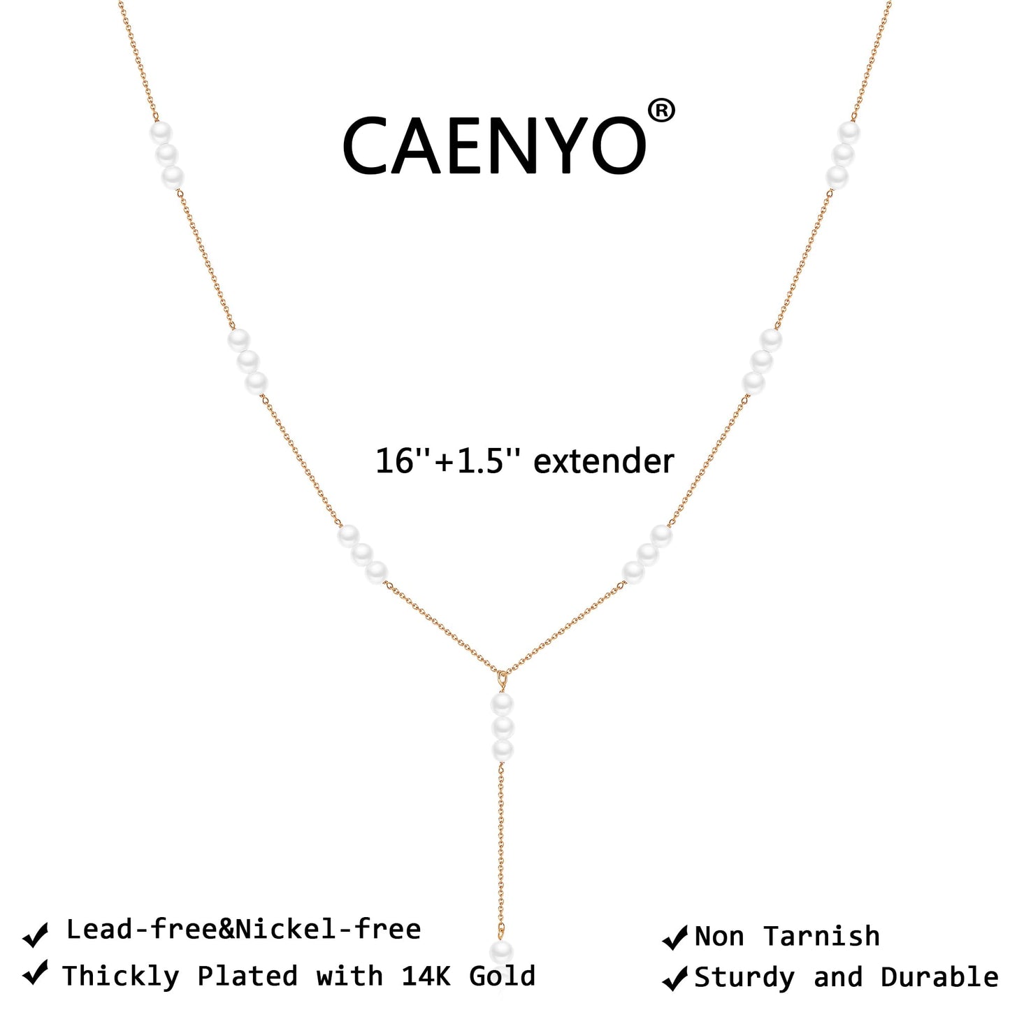 Caenyo Pearl Lariat Necklace for Women, 14K Gold Plated Dainty Y-Shaped Necklace with 3 Freshwater Cultured Pearls, Adjustable Long Drop Chain Jewelry Gift