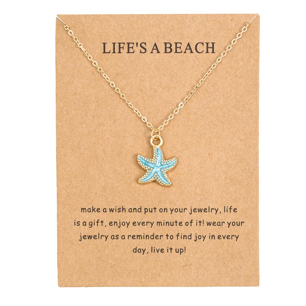 CIWEAI 6Pcs Gold Beach Starfish Necklace Set for Women Cute Beachy Hawaii Star Fish Bulk Necklaces Pack Trendy Hawaiian Friendship Matching Jewelry Accessories (Starfish-Gold-Card)