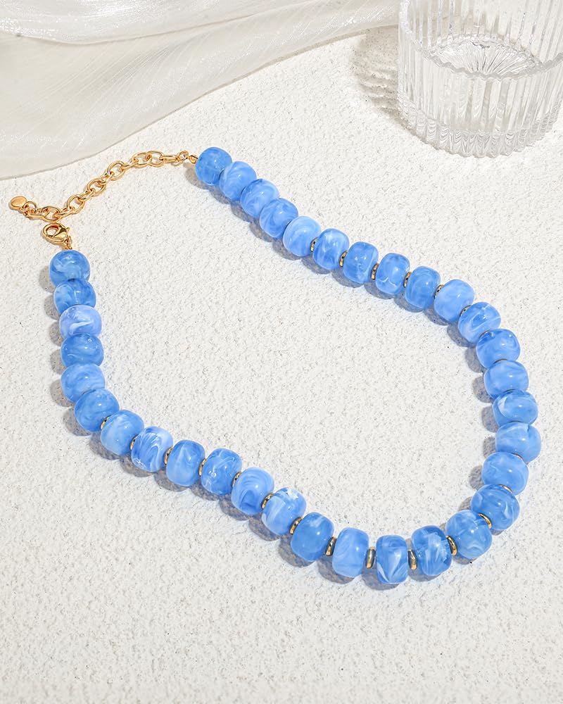 FAUTHENTICUTE Light Blue Beaded Choker Necklace for Women Boho Statement Necklace with Beads Trendy Beach Summer Jewelry Western Dainty Bead Necklaces Womens Everyday Necklaces