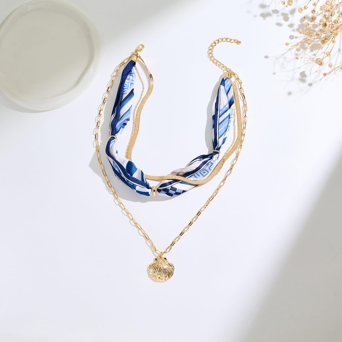 ENSKEFEN Shell Necklaces for Women Multi-Layer Boho Scarf Necklace Sea Shell Pendant Necklace Summer Gold Necklace Fashion Beach Jewelry
