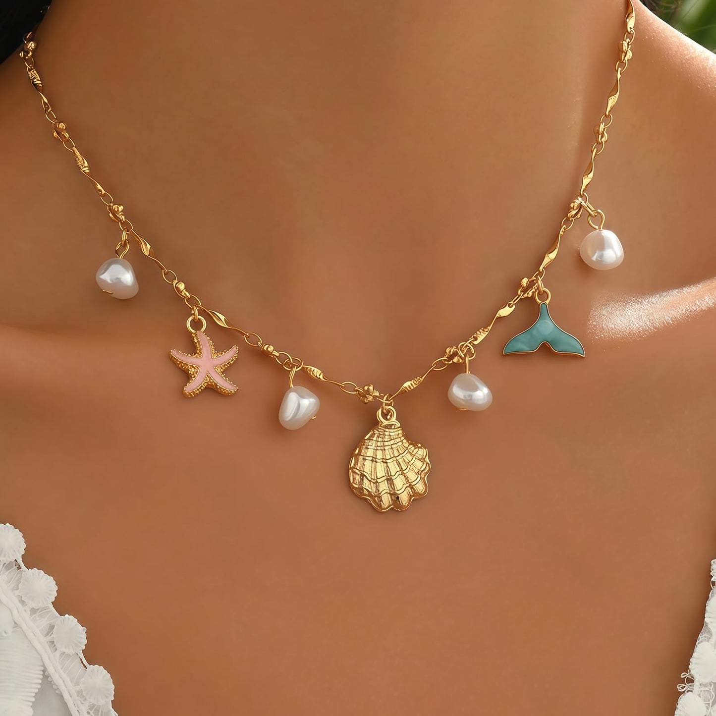 Shell Starfish Necklace for Women, 14k Gold Plated Boho Layered Beaded Charm Pendant Necklace, Dainty Adjustable Pearl Conch Summer Beach Vacation Jewelry Gifts(Colorful)