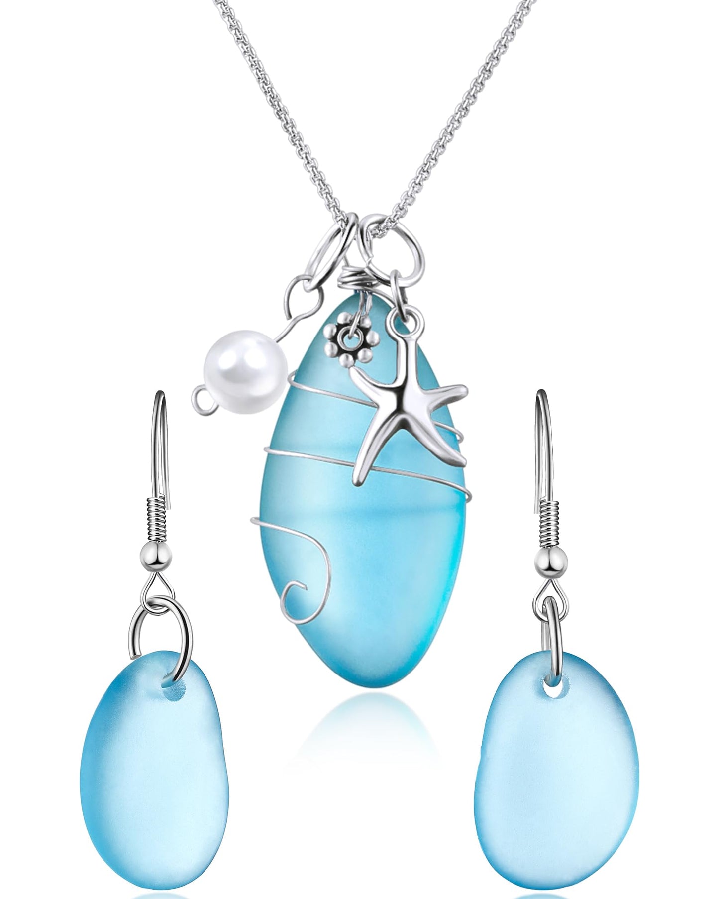 Yinkin 2 Pcs Sea Glass Jewelry Necklace Earrings Sea Glass Gift Set Starfish Ocean Beach Themed Necklace Blue Freshwater Pearls Earring Handmade Jewelry with Gift Box for Women Girls