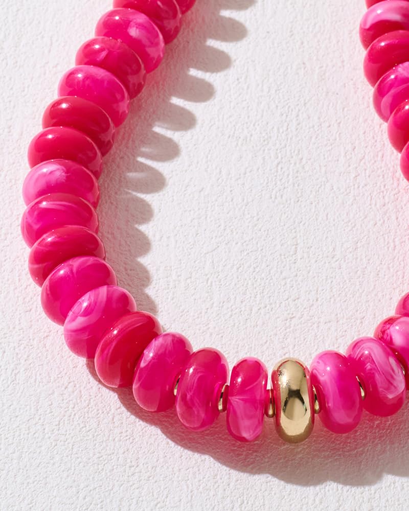 FAUTHENTICUTE Hot Pink Beaded Choker Necklace For Women Large Fuchsia Red Bead Strand With Gold Accent Adjustable Chunky Collar Statement Trendy y2k Necklace for Summer Beach Boho Jewelry Gift