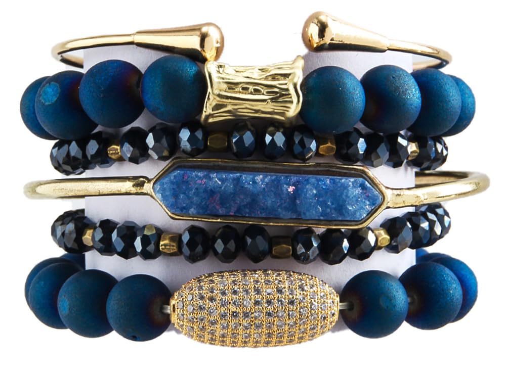 Yomisa Boho Beaded Bracelets/Bangle for Women,Multilayer Wrap 6PCS Healing Natural Jasper Crystal Bead Bracelets Stackable Friendship Stretch Beaded Bracelet Set Trendy Bohemian Jewelry Gift,Blue