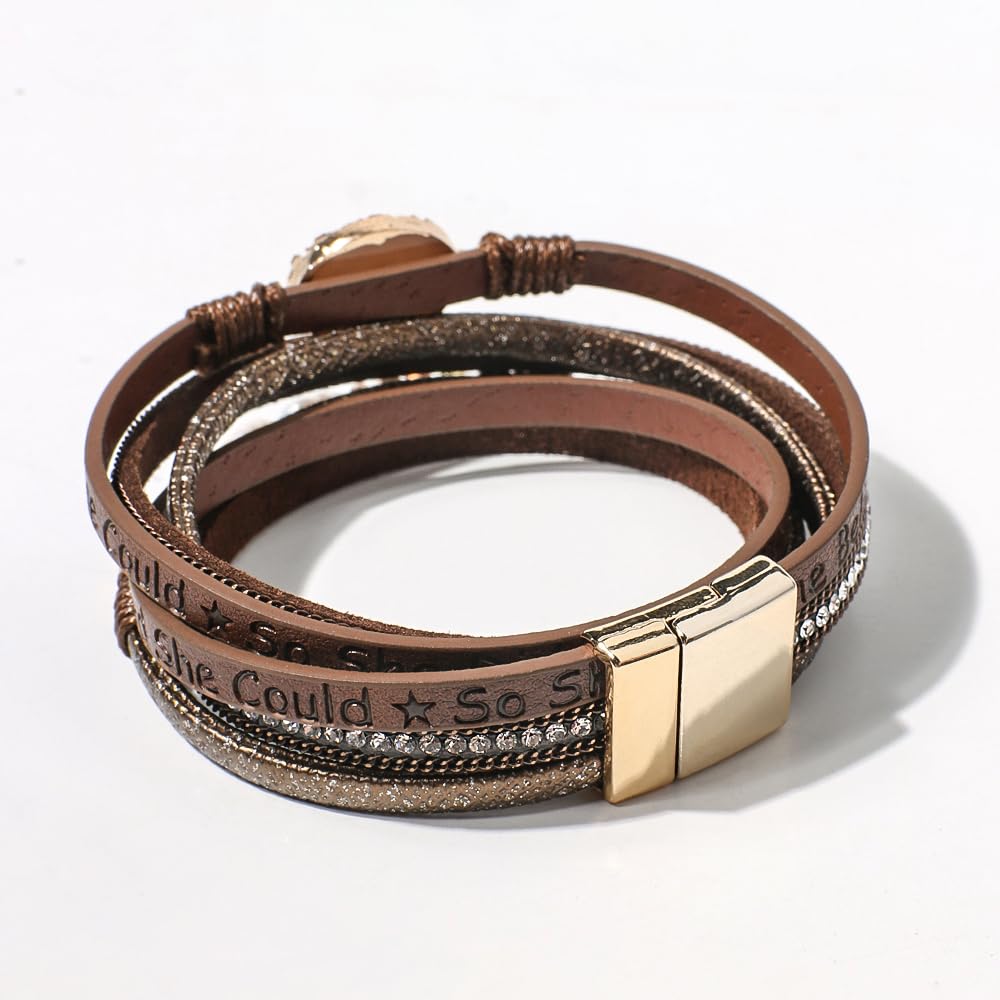 Artilady Leather Wrap Bracelet for Women - Handmade Clasp Bangle Bracelet with Pearl Beads Crystal Wristbands Jewelry Gift for Ladies and Mother