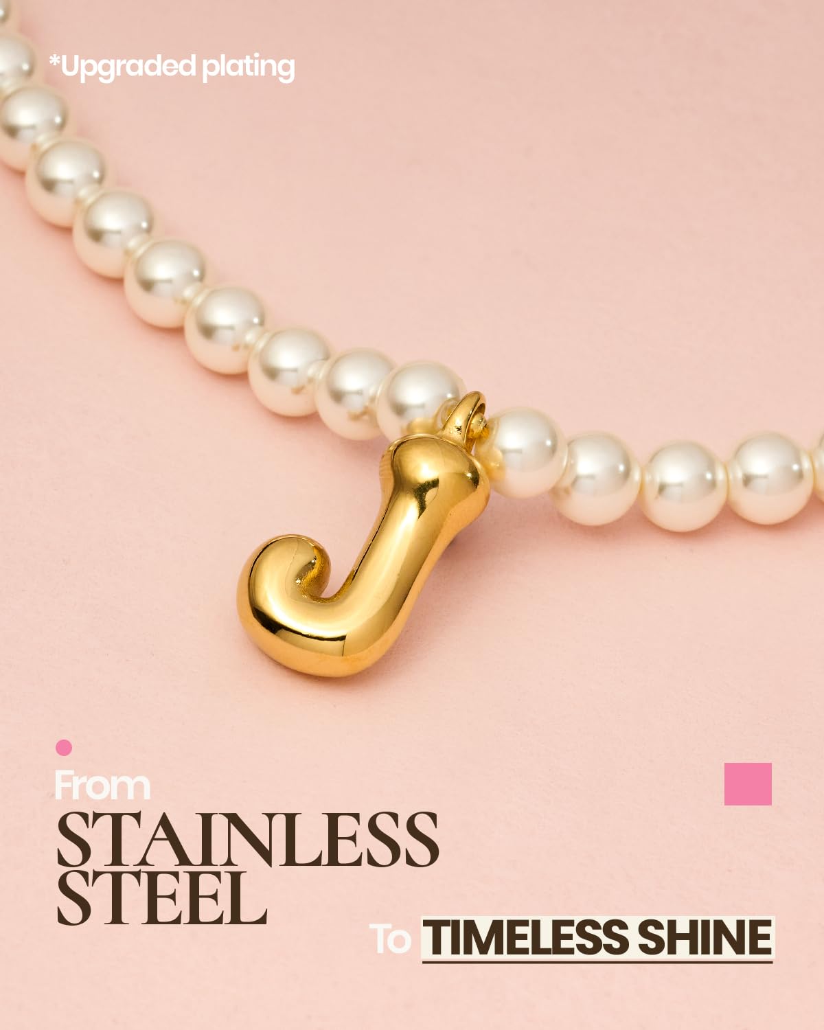 DoDoBeads Pearl Initial Necklace, 18K Gold Plated Stainless Steel Balloon Letter Pendant J, Non-Tarnish Waterproof Chunky Monogram Jewelry Gifts for Women Teens