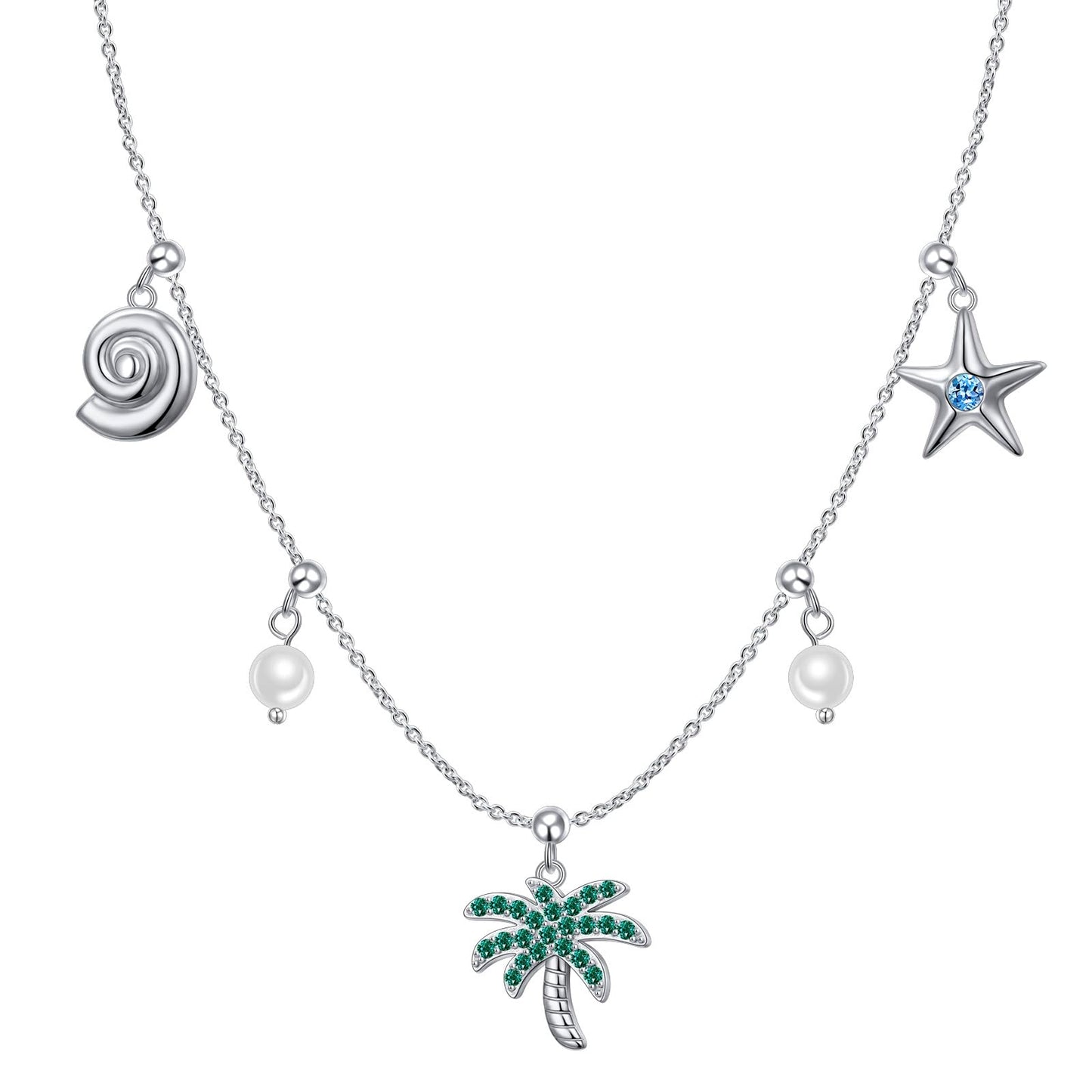 FLYOW S925 sterling Silver Summer Palm Tree Seashell conch shell Beachy Pendant Necklace Women Coastal Jewelry with Removable Charms Trendy Summer Beach Gift