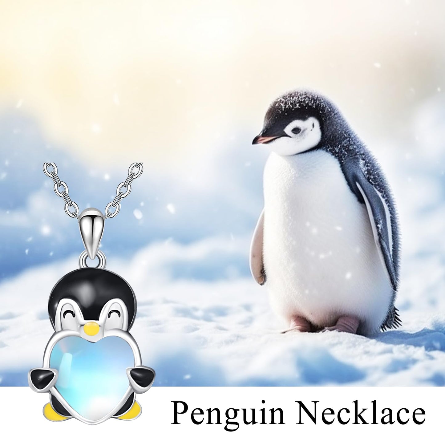 Dreamboat Penguin Pendant Necklace for Women 925 Sterling Silver Moonstone Animal Jewelry Christmas Birthday Gifts for Penguins Lovers