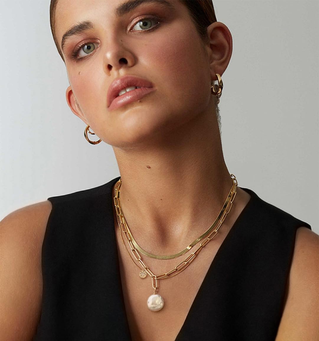 Flat Coin Pearl Pendant Necklace, 18k Gold Plated Paperclip Chain Necklace, Dainty Star Charm Necklace