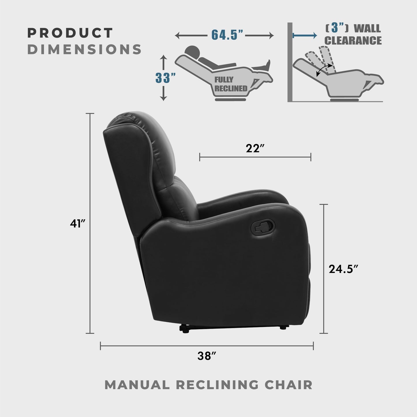 Lexicon Manual Recliner Chair, Reclining Sofa Chair, Home Theater Seating, Wall Hugger, Manual Recliner for Living Room/Office/Apartment, Easy Assembly, Black Faux Leather