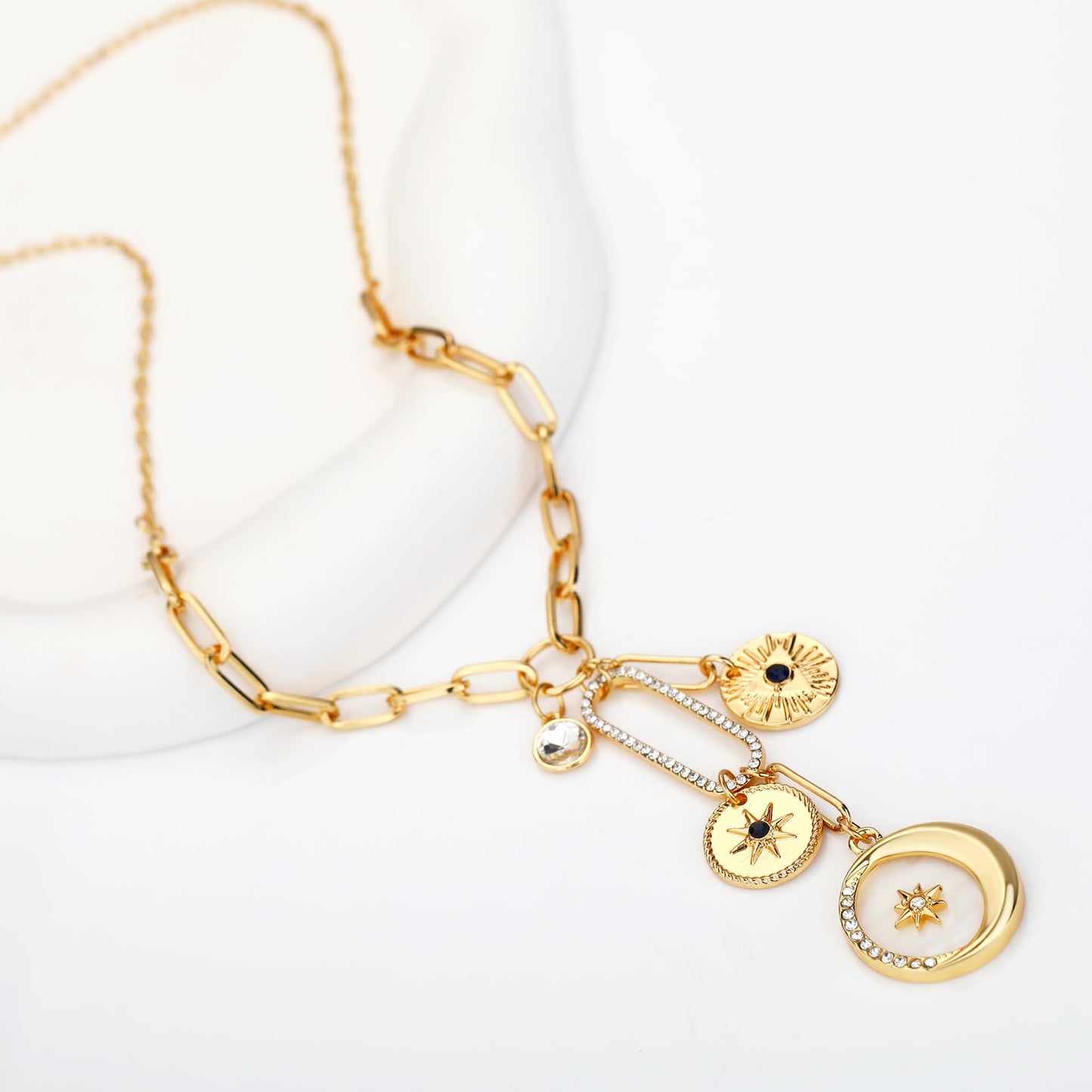 BONJOULRY Charm Necklace for Women Gold Sun Moon Pearl Shell Coin Evil Eye Charms Pendent Necklace Chunky Paperclip Necklaces Celestial Jewelry Shell