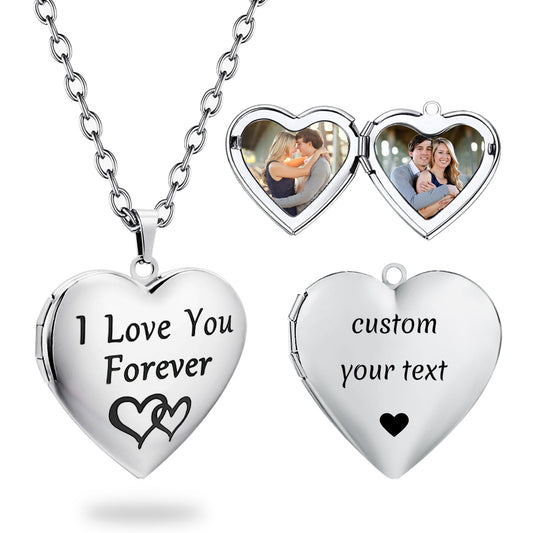PHOCKSIN Silver Heart Locket Necklace I Love You Forever Personalized Love Heart Necklace that Holds Pictures Customized Gifts Locket Necklaces for Birthday