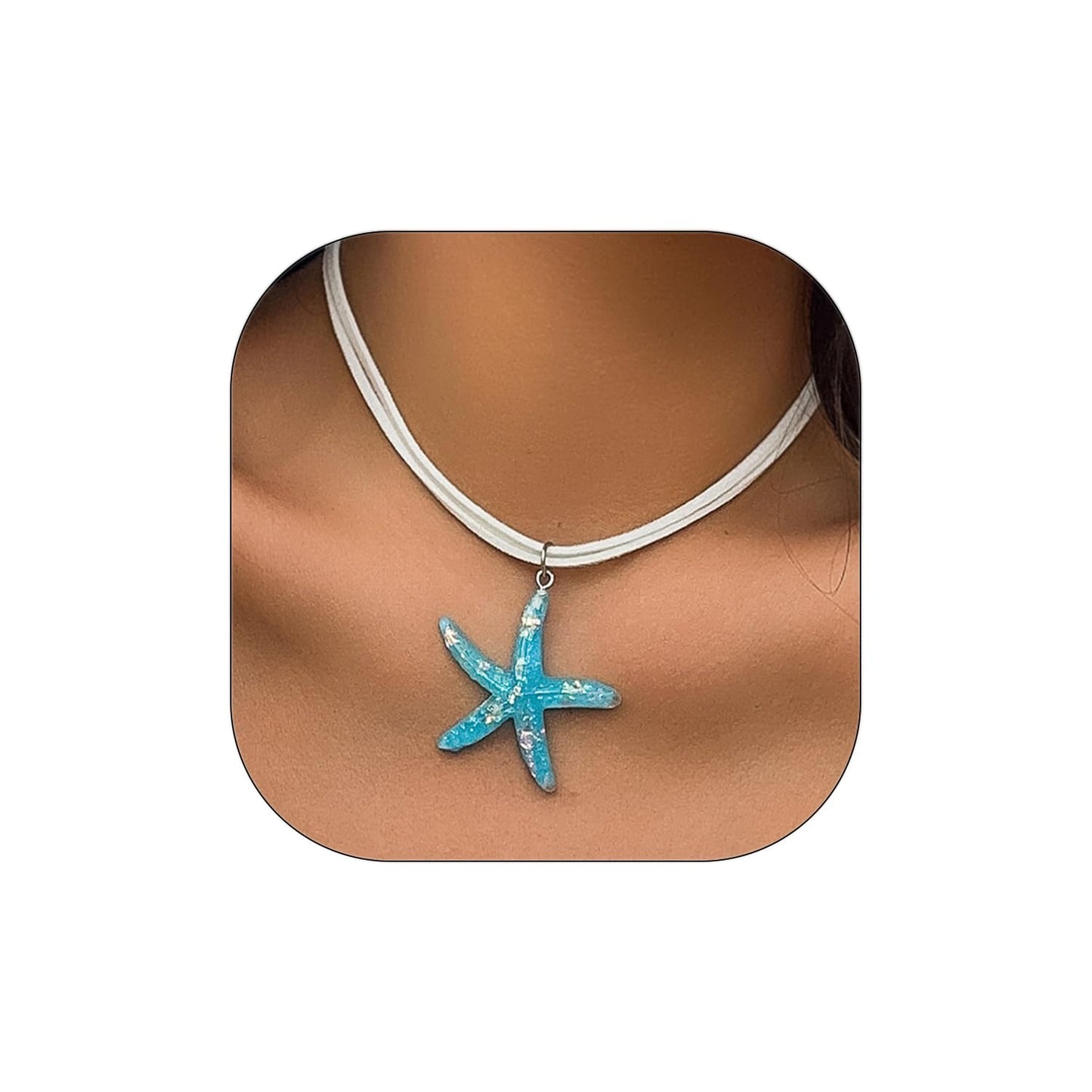 Decixde Starfish Necklace for Women Starfish Pendant Necklace Starfish Fringe Necklace Boho Layered Starfish Pendant Choker White Blue Necklace Summer Beach Necklaces Jewelry for Women Girls (blue)