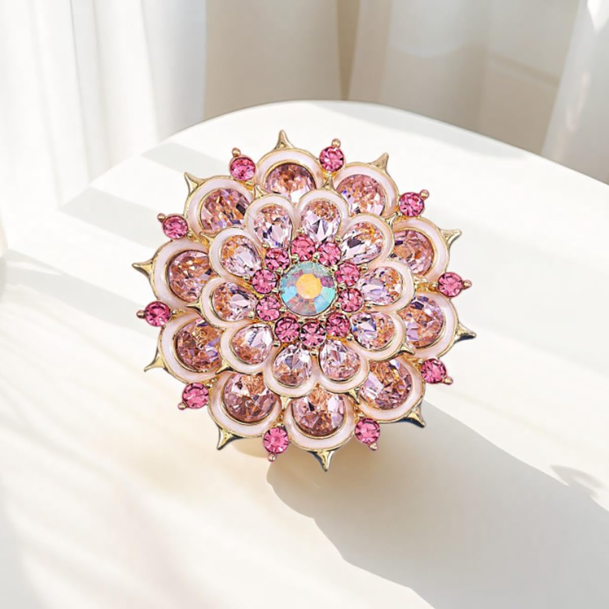 Rhinestone Crystal Flower Brooch Pin Sparkling Large Crystal Sunflower Brooch Vintage Floral Lapel Pins Rhinestone Flower Bouquet Broochs Rose Snowflake Broochs Wedding Bridal Dress Jewelry for Women (Light Pink)