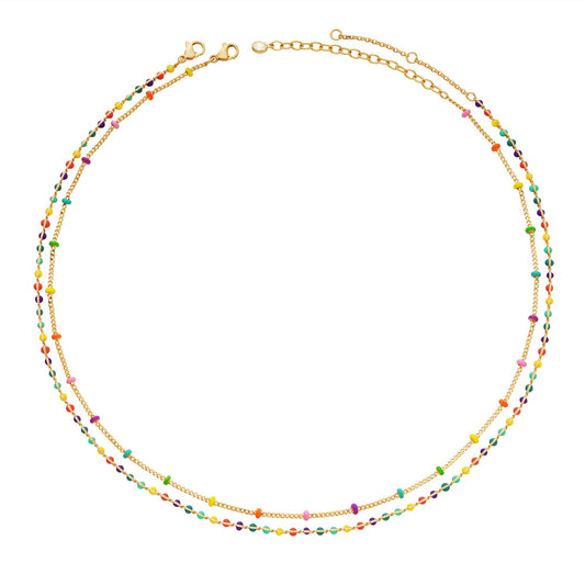 MTMY Beaded Necklaces for Women 14K Gold Plated Dainty Colorful Green/Rose Beaded Pearl Choker Necklace Delicate Boho Choker Necklace Jewelry Gift (Layer-colorful beads)