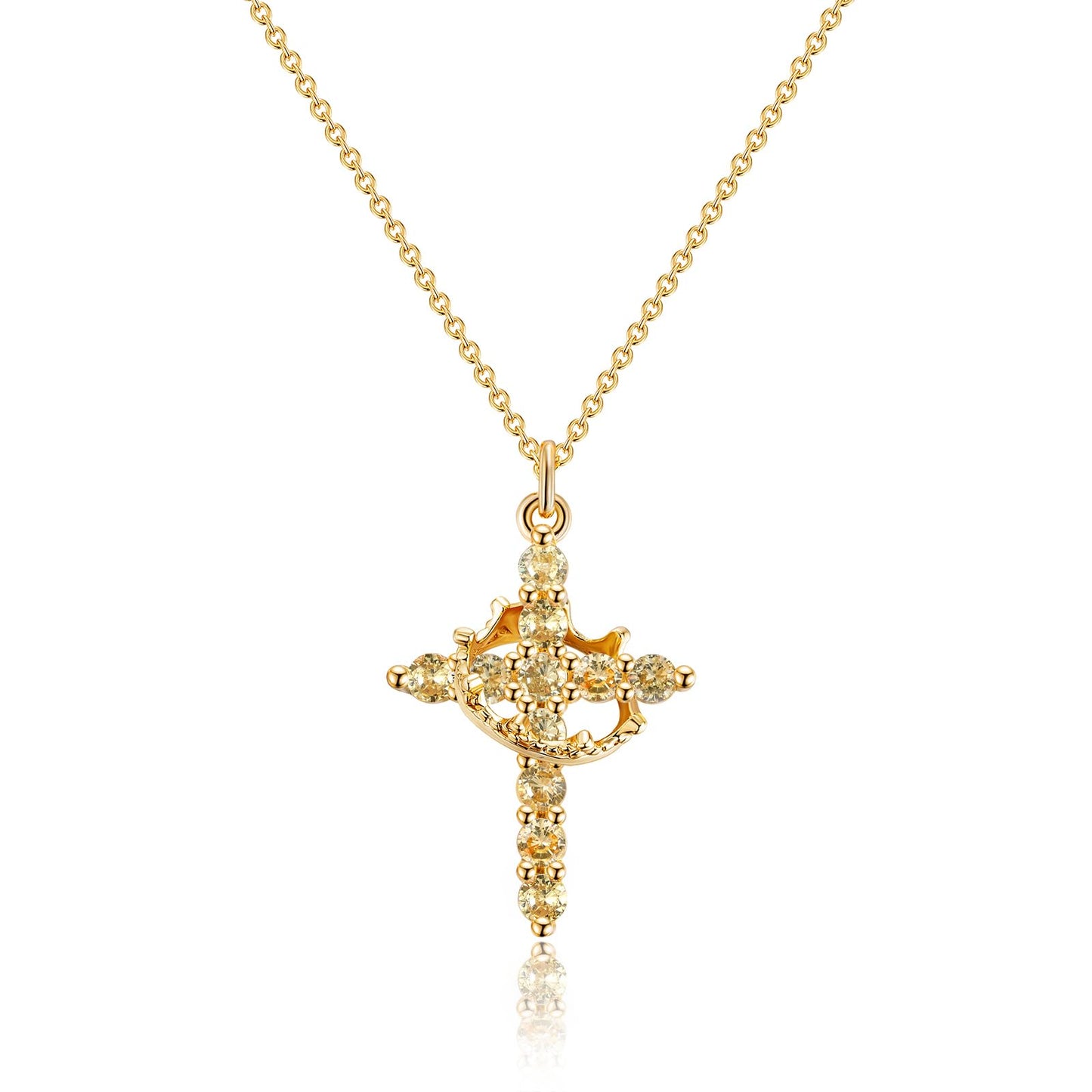 Robaice Birthstone Crown Cross Necklace for Women, Gold-Plated Christian Faith Necklace, Cross Jewelry Gift for Women, November Yellow Citrine Gift