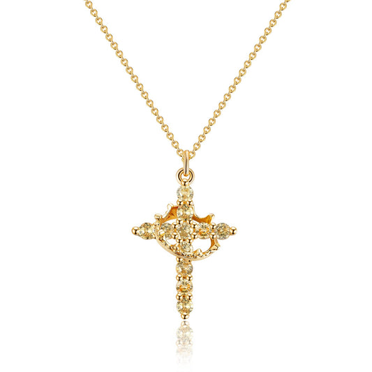 Robaice Birthstone Crown Cross Necklace for Women, Gold-Plated Christian Faith Necklace, Cross Jewelry Gift for Women, November Yellow Citrine Gift