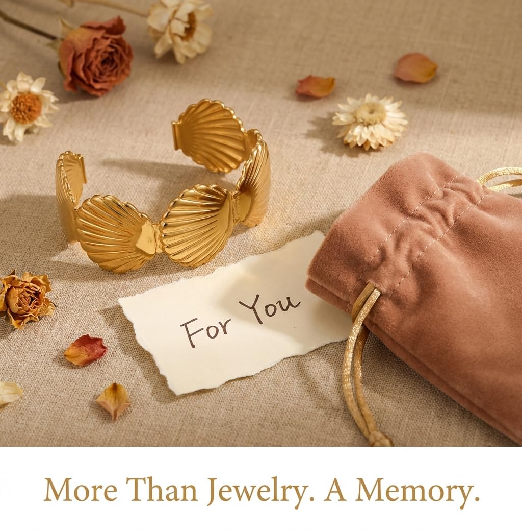 MystiGlimmer 18K Gold Seashell Adjustable Bracelet for Women – Waterproof, Tarnish‑Free, Hypoallergenic Cuff with Luxury Gift Box – Meaningful Gift for Her (Seashell)