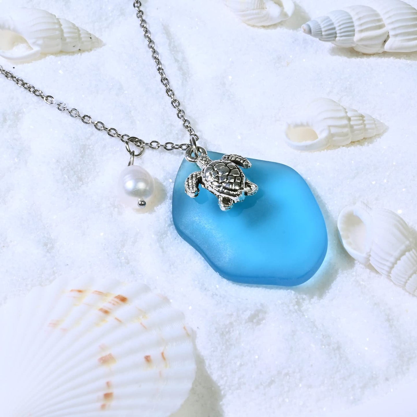 Sea Glass Necklace, Statement Beach Necklaces with Turtle Pendant, Freshwater Pearls, Sea Turtle Necklace, Handmade Necklaces Gift for Women Girls