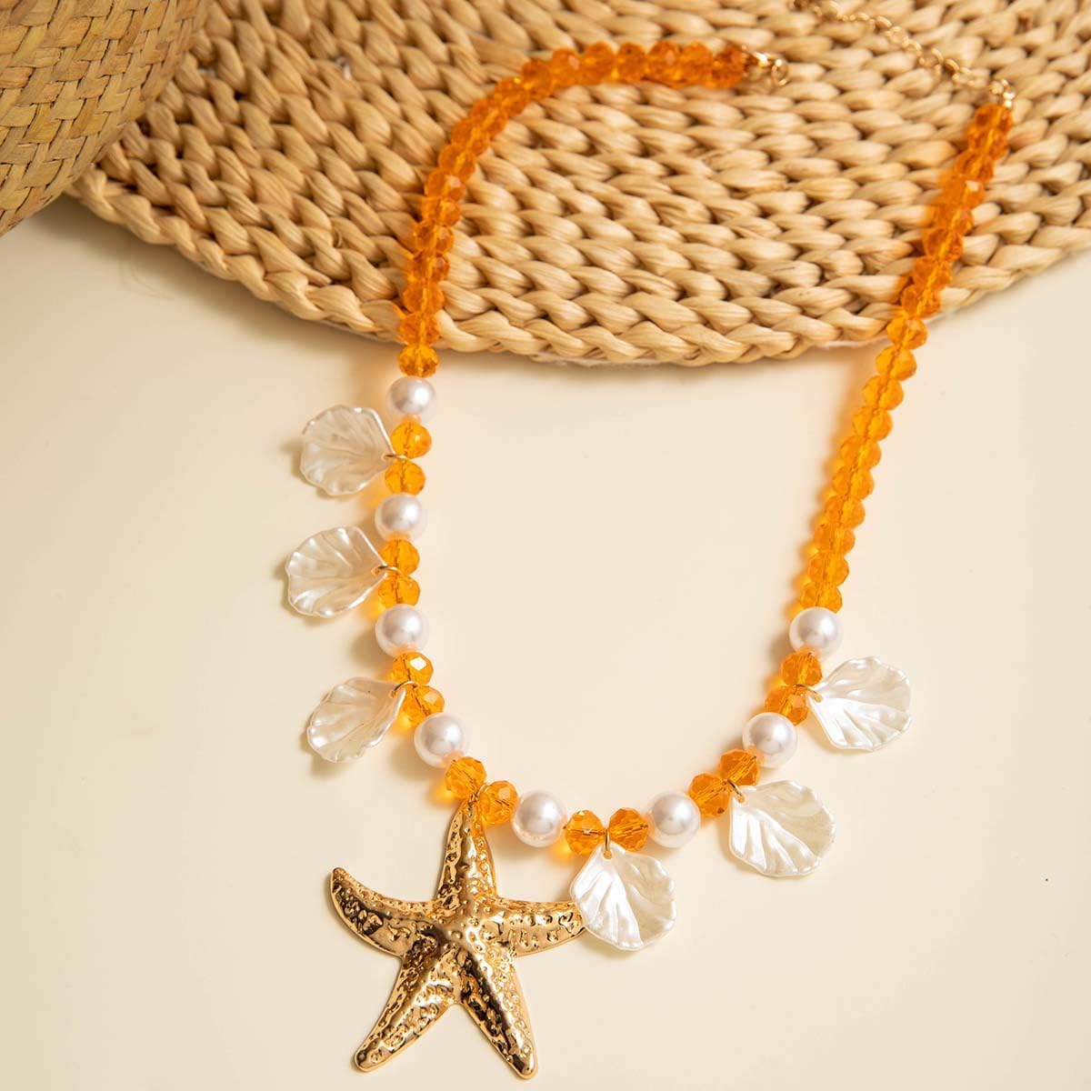 LKingel Gold Starfish Necklaces for Women Beaded Mermaids Starfish Shell Pearl Choker Pendant Necklaces Chunky Beach Necklace Mermaid Charm Necklace Summer Beach Jewelry for Women Orange2