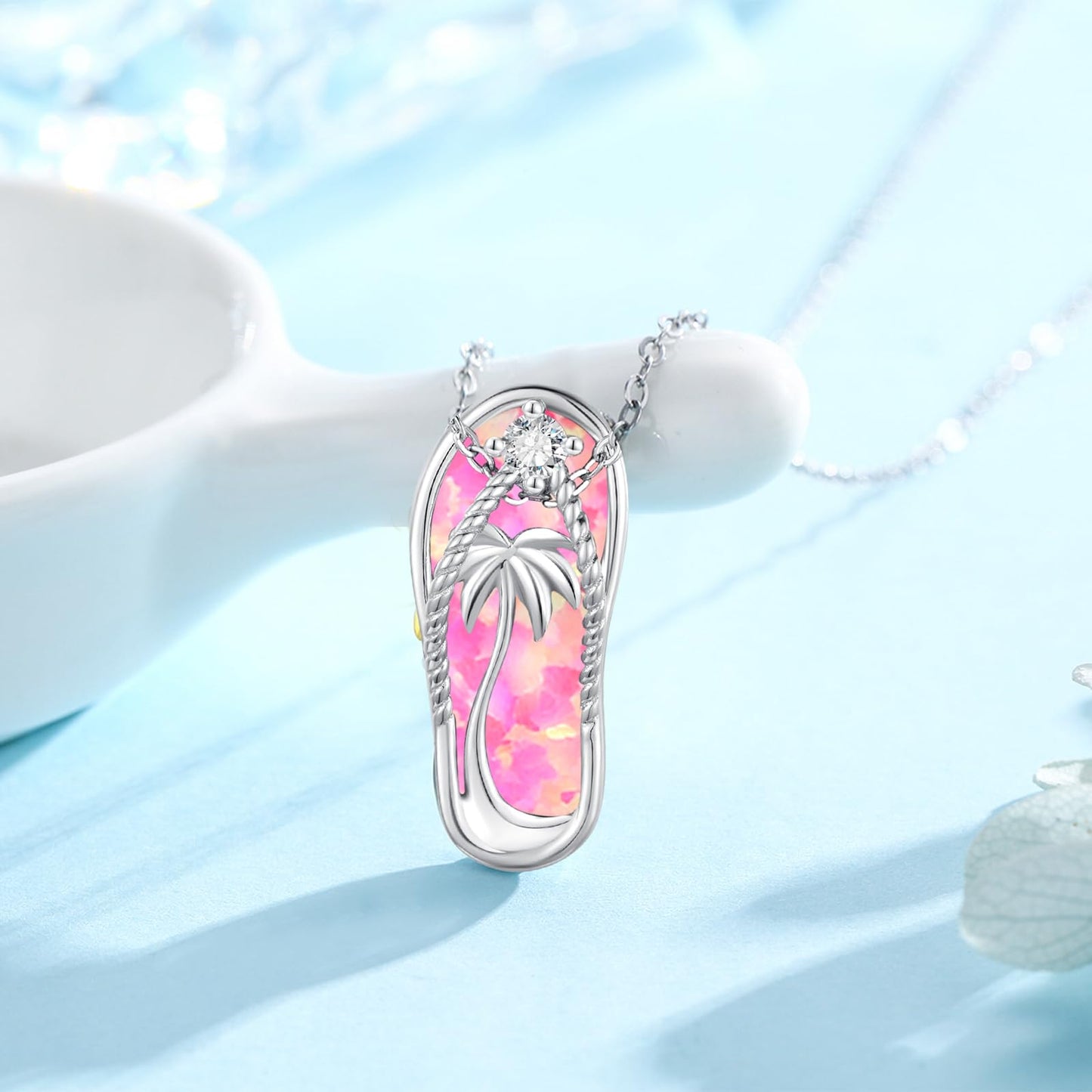 Midir&Etain Flip Flop Necklace 925 Sterling Silver Beach Palm Tree Pendant Hawaiian Pink Opal Necklace Flip-Flop Opal Beachy Jewelry for Women Prime