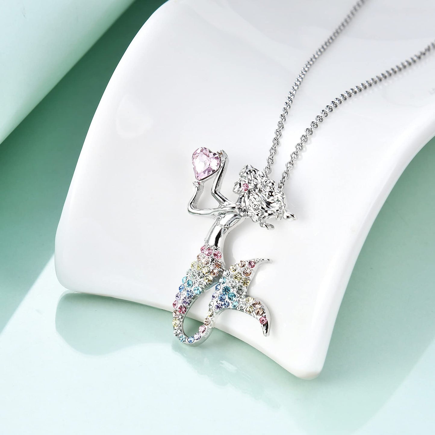 luomart Fashion Mermaid Birthstone Necklace Jewelry White Gold Plated Austrian Crystal Pendant Gift for Girls Women (Rainbow)