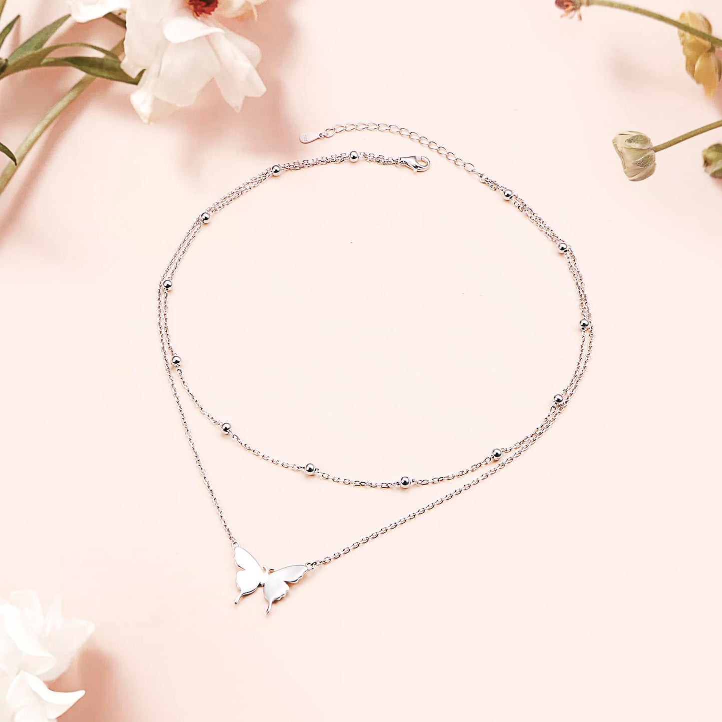 DAOCHONG S925 Sterling Silver Double Layer Butterfly Necklace for Women Beaded Choker Chain Dainty Layered Jewelry Gift for Her Jewelry