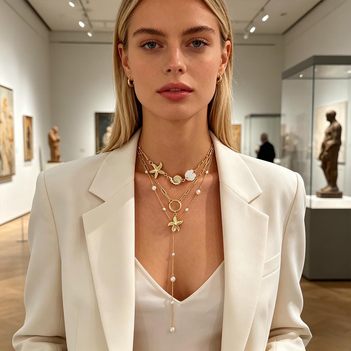 Gold Shell Starfish Necklace for Women Layered Pearl Conch Pendant Necklace Dainty Summer Beach Vacation Boho Jewelry (Gold 3pcs)