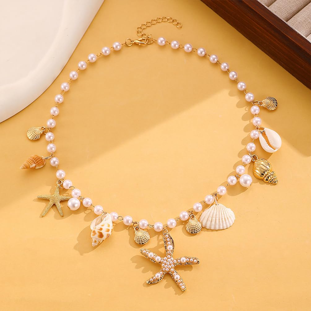 Charming Beachy Sea shell star Starfish Necklace for Women, Dainty Boho Beaded Pearl Seashell Conch Choker Necklaces Cute Beach Holiday Jewelry Accessories (Gold)