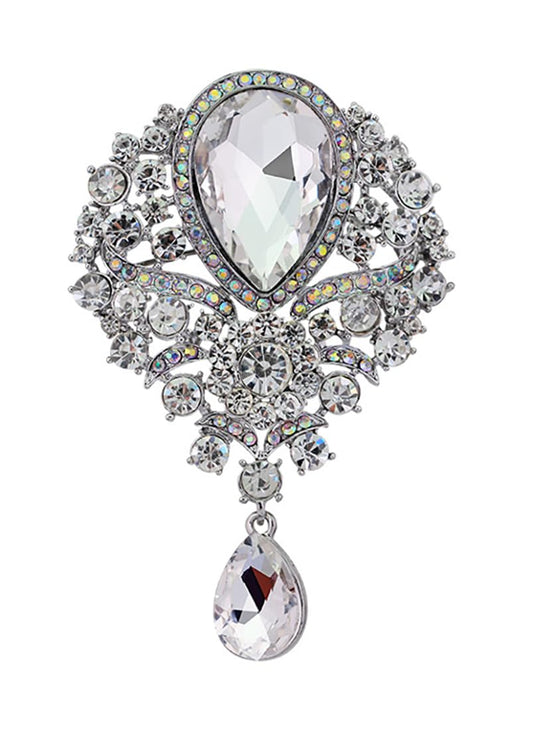 Gyn&Joy Vintage Inspired Crystal Clear Rhinestones Teardrop Flower Wedding Bridal Floral Brooch Pin
