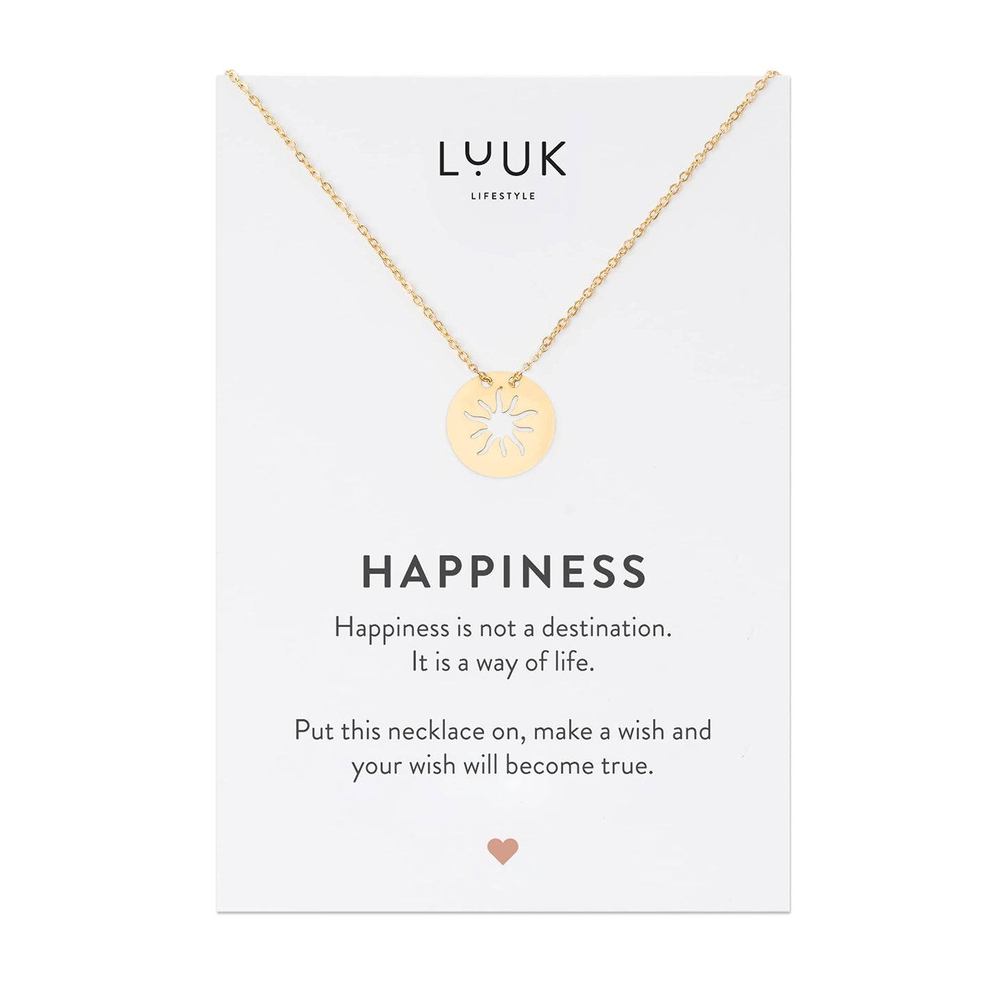 LUUK LIFESTYLE Necklace for women made of stainless steel with sun pendant and HAPPINESS gift card, fashion jewelry for girls, 19”, lucky charm, zodiac sign, fashion accessory for her, gold