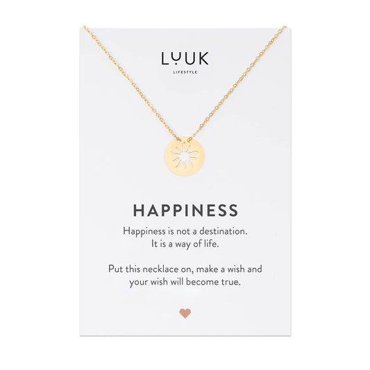 LUUK LIFESTYLE Necklace for women made of stainless steel with sun pendant and HAPPINESS gift card, fashion jewelry for girls, 19”, lucky charm, zodiac sign, fashion accessory for her, gold