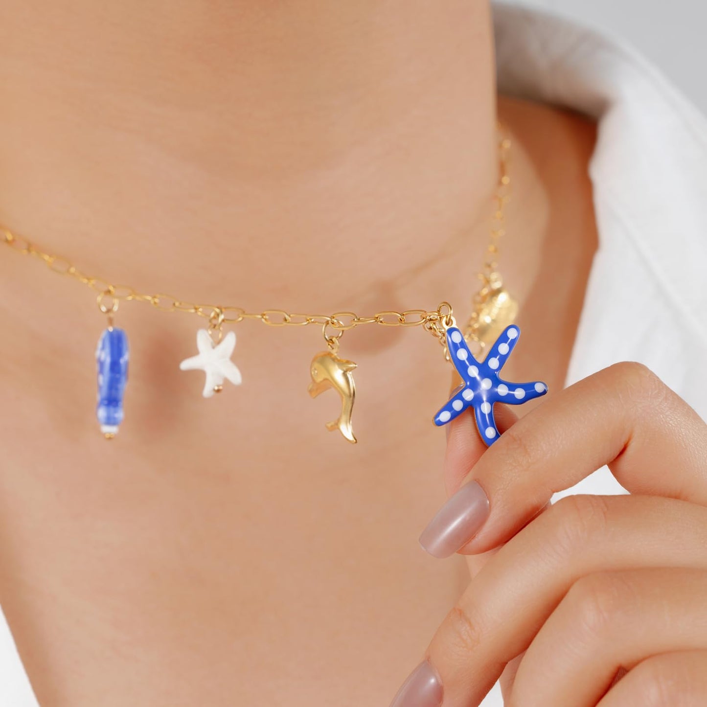 Chunky Gold Necklace Statement Boho Beach Ocean Summer Stainless Steel Jewelry Shell Starfish Turquoise Dolphin Pearl Sun Flower Wave Heart Fish Charm Choker Necklaces for Women(Blue Starfish)