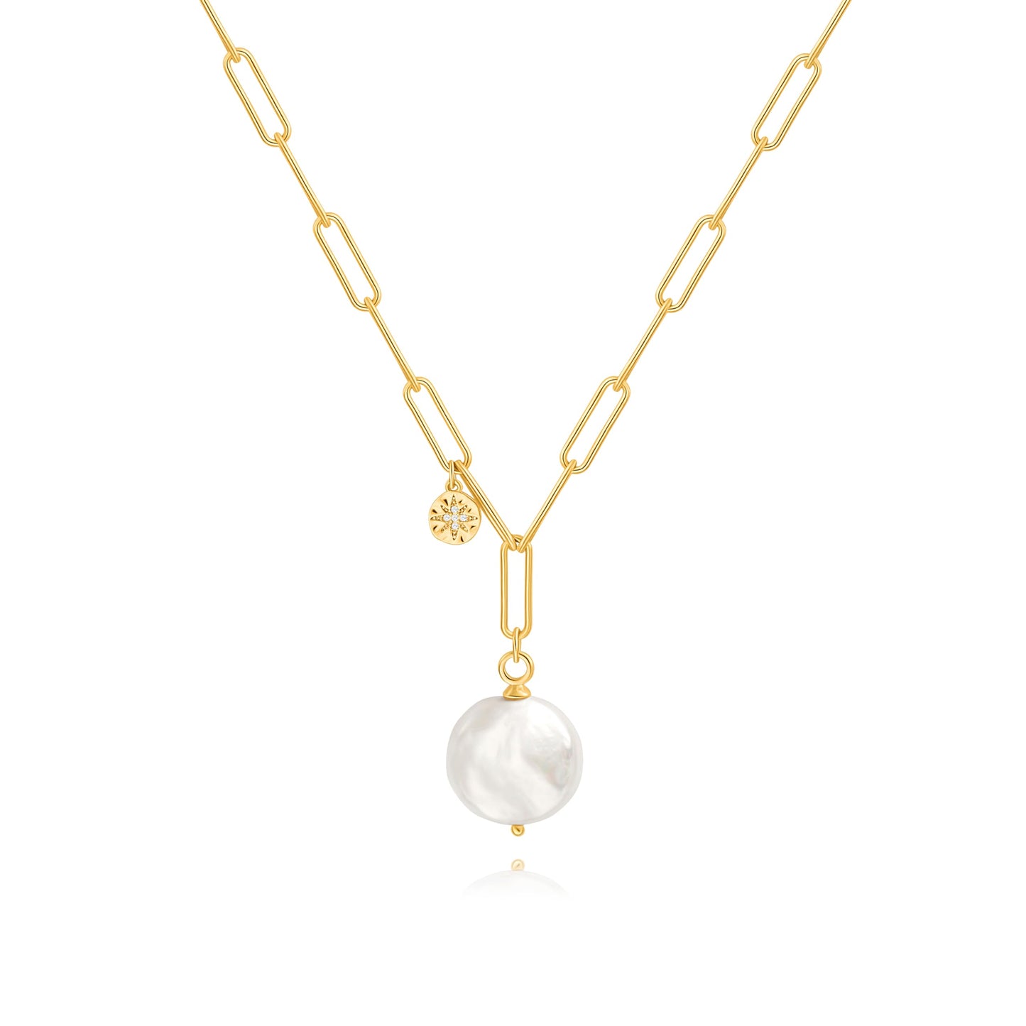 Flat Coin Pearl Pendant Necklace, 18k Gold Plated Paperclip Chain Necklace, Dainty Star Charm Necklace