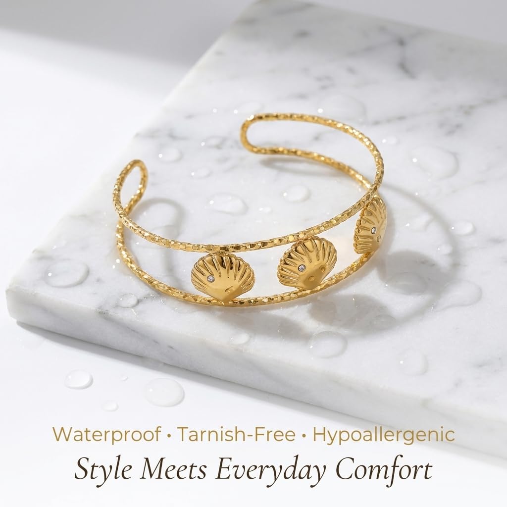 MystiGlimmer Starfish Open Cuff Bracelet for Women 18K Gold Plated Stainless Steel, Adjustable Ocean-Inspired Arm Cuff, Waterproof, Hypoallergenic Beach Jewelry Gift (3 Seashell)