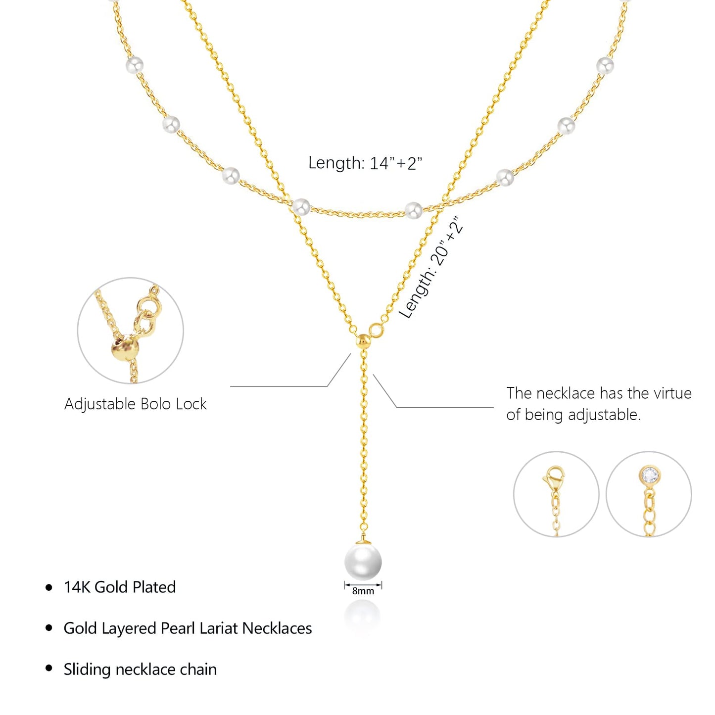 OGD Pearl Necklaces for Women Trendy 14K Gold Plated Dainty Pearls Satellite Choker Strand Handmade Delicate Wedding Pearl Gold Lariat Pendant Long Necklace Simple Cute Jewelry Gifts for Women