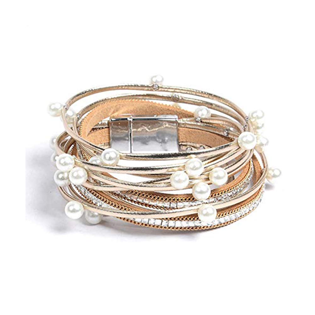 Artilady Leather Wrap Bracelet for Women - Handmade Clasp Bangle Bracelet with Pearl Beads Crystal Wristbands Christmas Jewelry Gift for Ladies and Mother