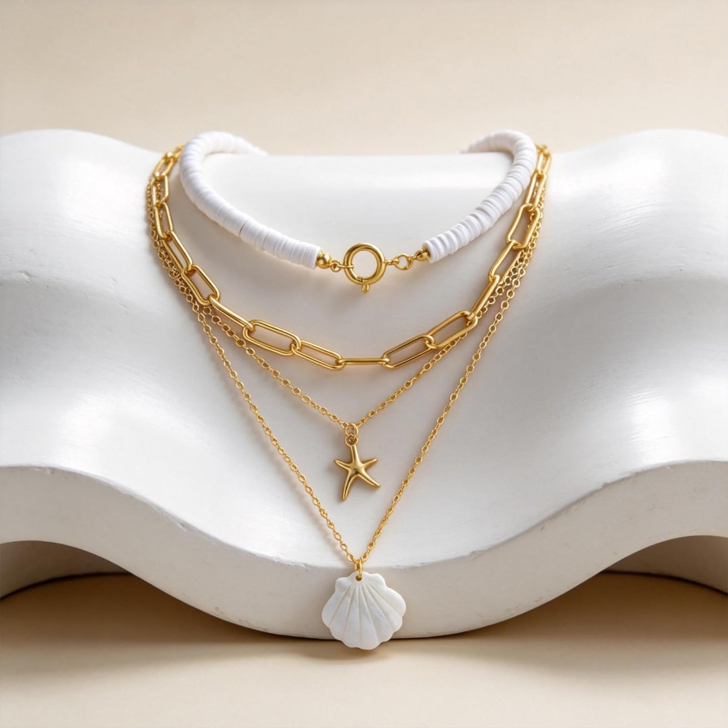 Starfish Shell Flower Necklace - Beach Jewelry for Women, Gold Coastal Charm Set, Boho Vacation Necklace, Summer Seashell Accessory