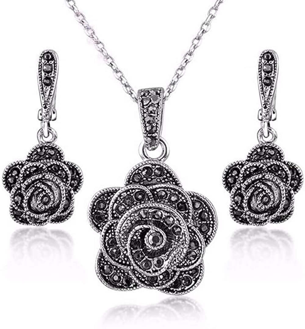 Zyoenxl Vintage Black Crystal Geometric Rose Flower Necklace Earrings Fashion Jewelry Sets Christmas Day Gifts