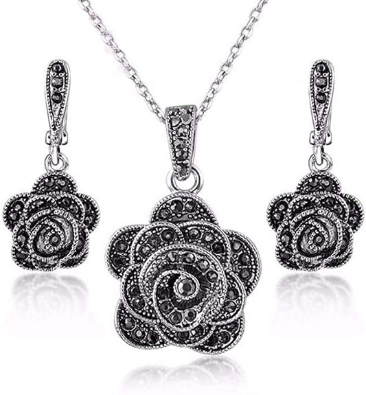 Zyoenxl Vintage Black Crystal Geometric Rose Flower Necklace Earrings Fashion Jewelry Sets Christmas Day Gifts