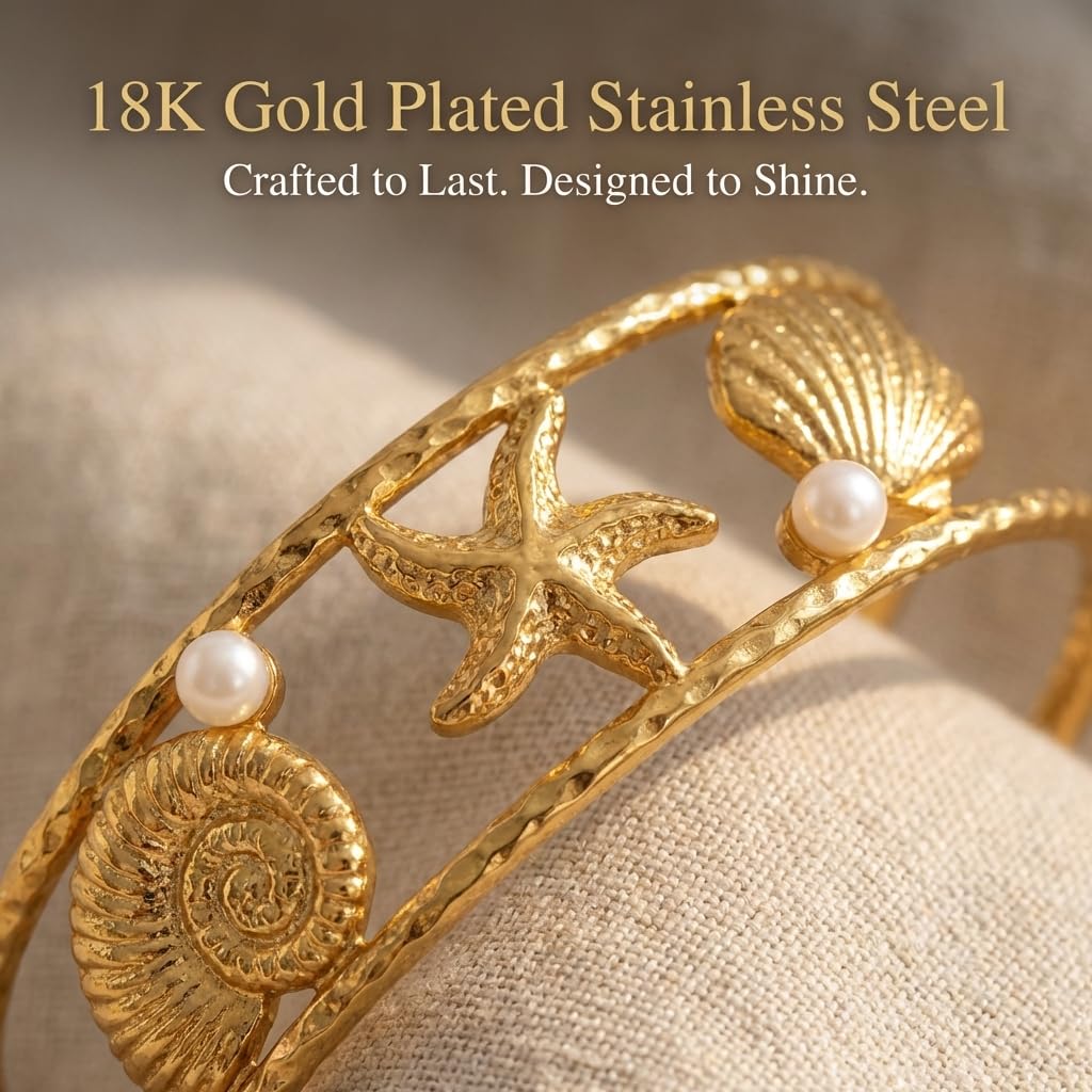 MystiGlimmer Starfish Open Cuff Bracelet for Women 18K Gold Plated Stainless Steel, Adjustable Ocean-Inspired Arm Cuff, Waterproof, Hypoallergenic Beach Jewelry Gift