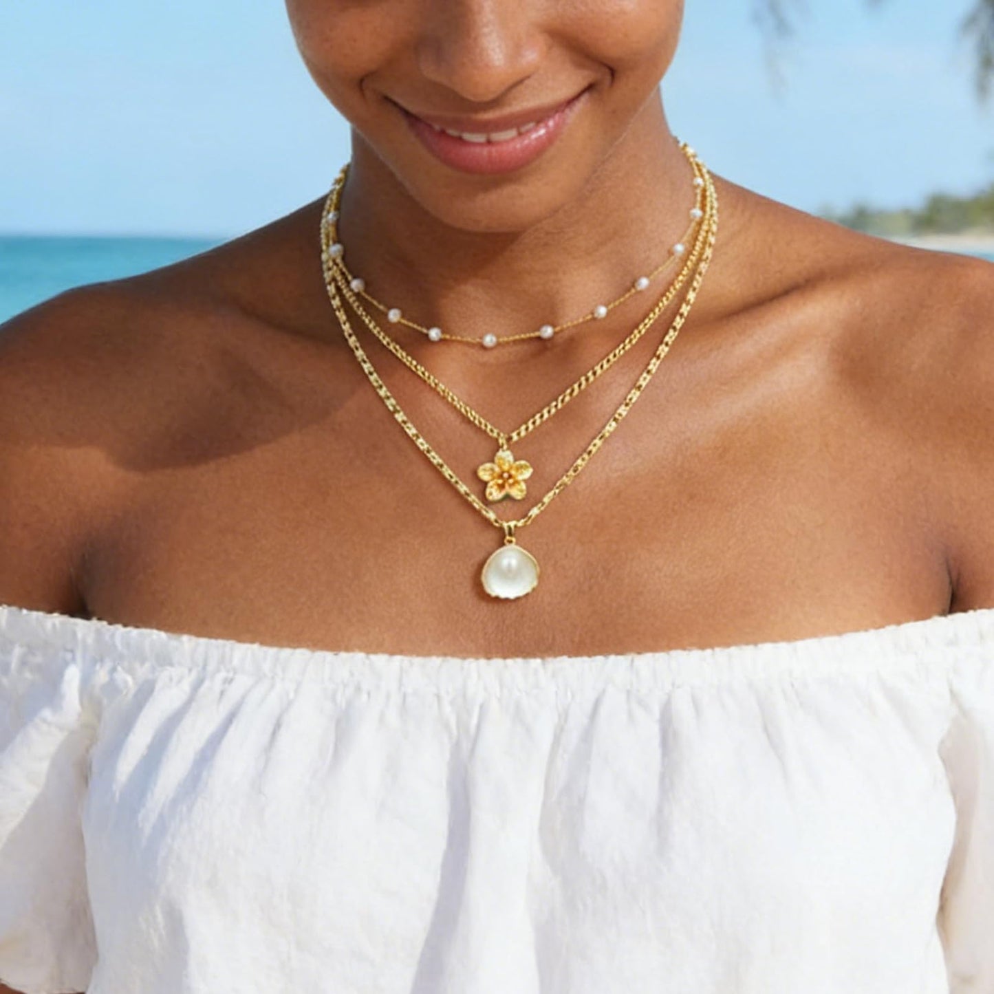 KummerSaprk Seashell Necklace Summer Vacation Jewelry for Women Gold Beachy Necklace Stack Starfish Flower Cowrie Sea Shell Pendant Necklaces Summer Essentials Accessories Gifts