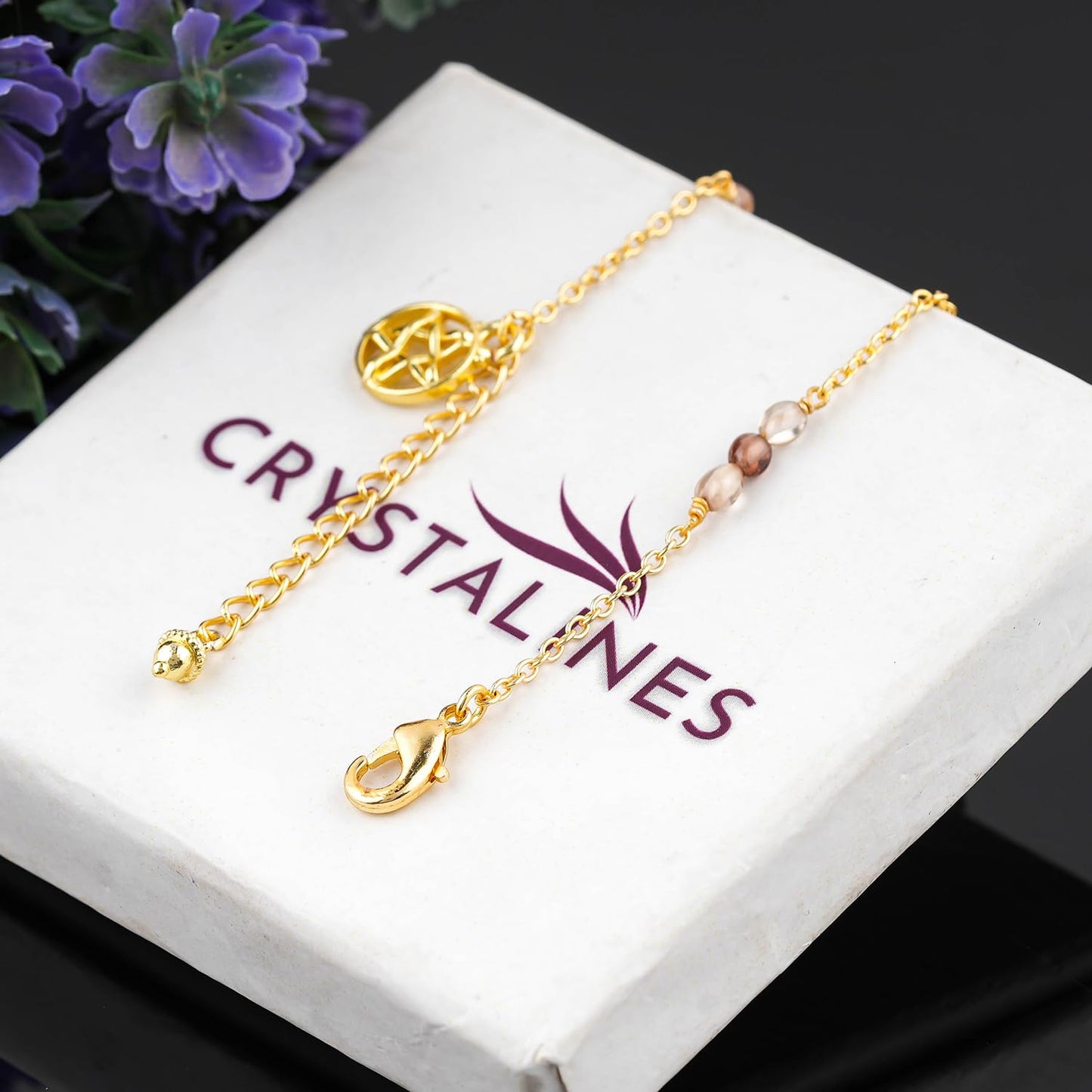 CRYSTALINES Natural Imperial Zircon Gemstone Nuggets Beads, Handmade Station Dangle Star Charms Anklet, 14K Gold Plated, Adjustable Fashion Boho Jewelry for Women, Healing Crystals, Christmas Gift