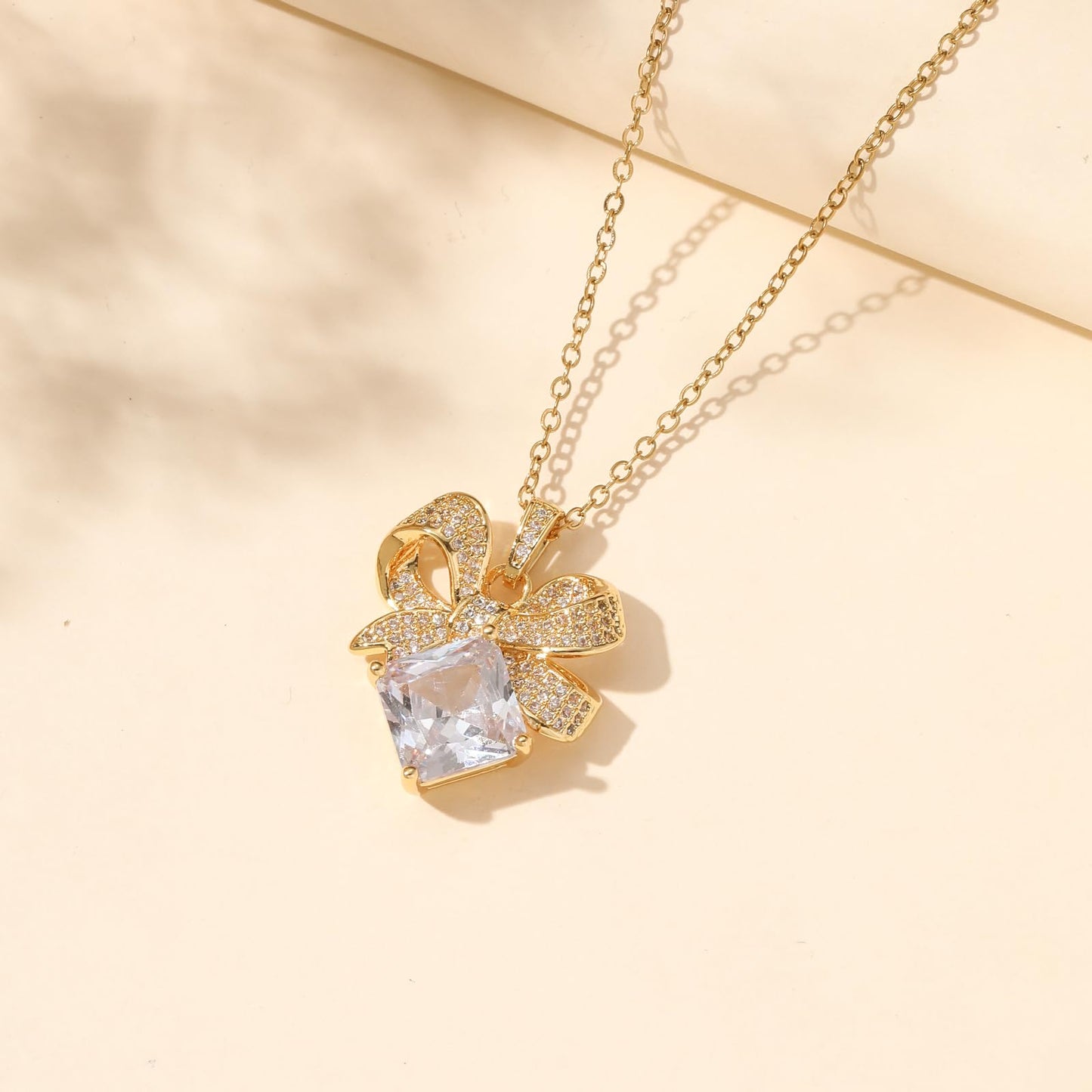 Square April Birthstone Diamond Bow Necklace for Women-Gold Plated Healing Crystal Imitation Diamond Pendant Waterproof Non Tarnish Jewelry For Birthday Valentines Day Mother's Day Christmas Thanksgiving Gifts