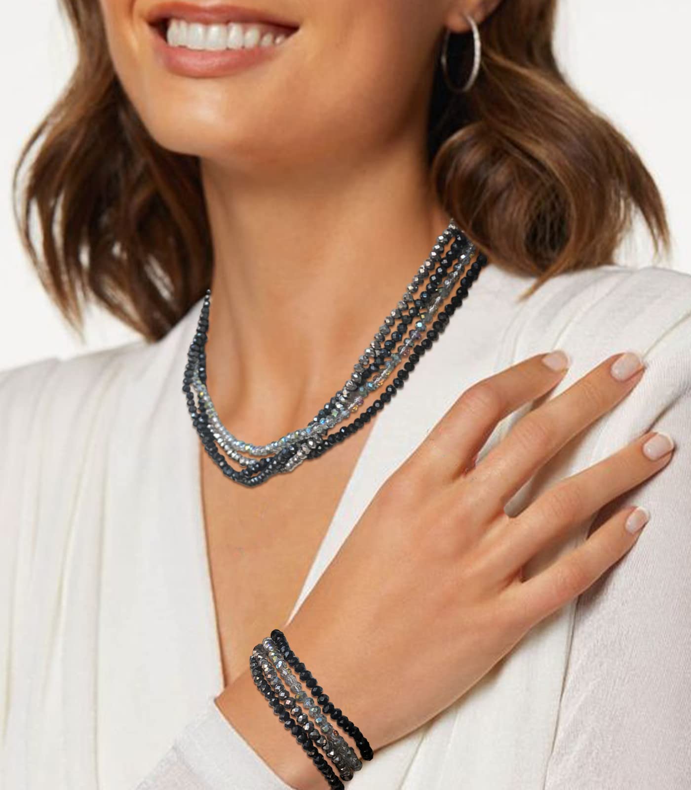 Noessla Multi-layer Crystals Beaded Choker Necklace for Women Colorful Boho Statement Necklace Trendy Costume Party Jewelry Mothers day Gifts for Mom(29-Black)