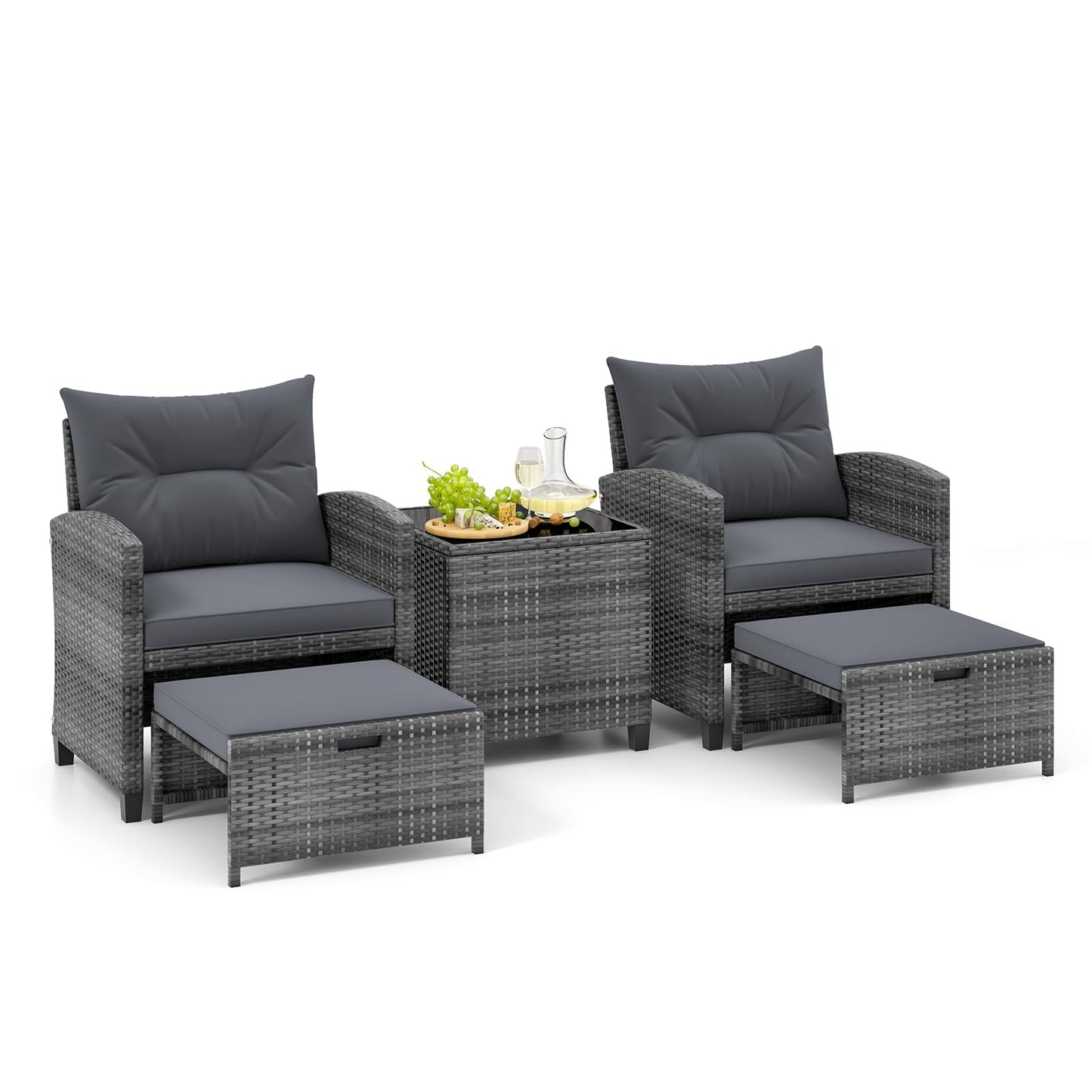 Tangkula 5 Pieces Patio Conversation Set, PE Wicker Rattan Outdoor Furniture Set with 2 Chairs, 2 Ottomans & Tempered Glass Coffee Table, Ideal for Poolside, Backyard, Lawn, Deck, Grey