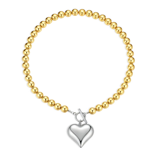 Frigotine Silver Heart Pendant Necklace for Women, Chunky Statement Two-Tone Love Choker Toggle Necklaces Prom Valentines Fashion Holiday Jewelry Gift